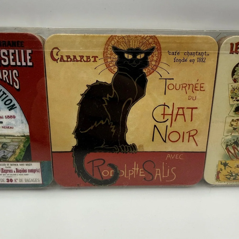 Benart Paris Vintage French Poster Cork Back Coasters Set of 6 Chat Noir‎ New